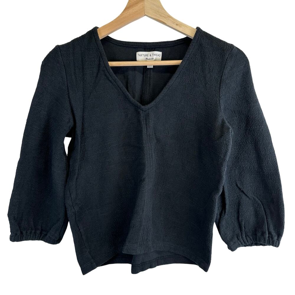 Madewell Texture & Thread Black 3/4 Balloon Sleeve V Neck Top Womens Size XS